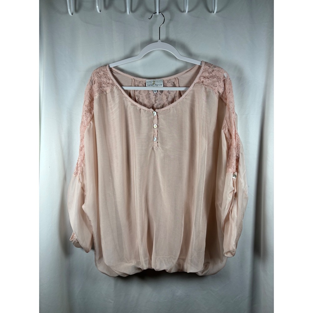 Belle France Blush Pink Silk Blend Lace Inset Blouse XL Made‎ in Italy Flowy Top